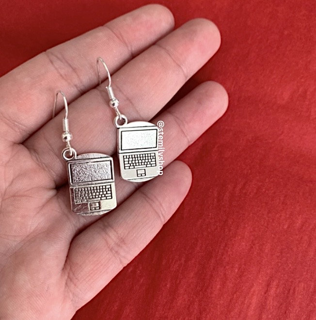 Cool quirky silver laptop computer stem drop dangle earrings on hypoallergenic surgical steel hooks