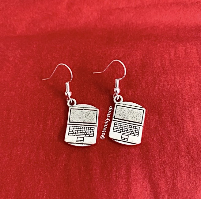 Cool quirky silver laptop computer stem drop dangle earrings on hypoallergenic surgical steel hooks