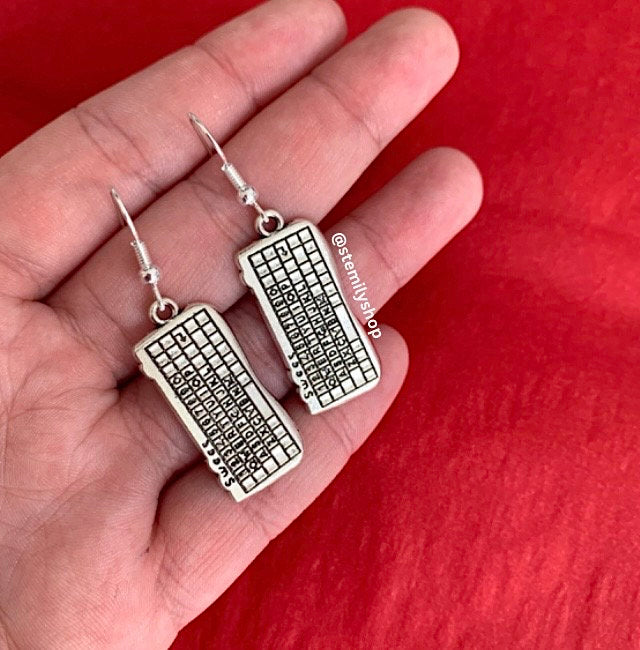 Cool quirky silver laptop computer keyboard stem earrings on hypoallergenic surgical steel hooks