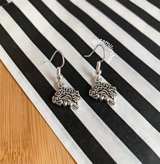 Cool quirky silver brain stem science drop dangle biology earrings on hypoallergenic surgical steel hooks
