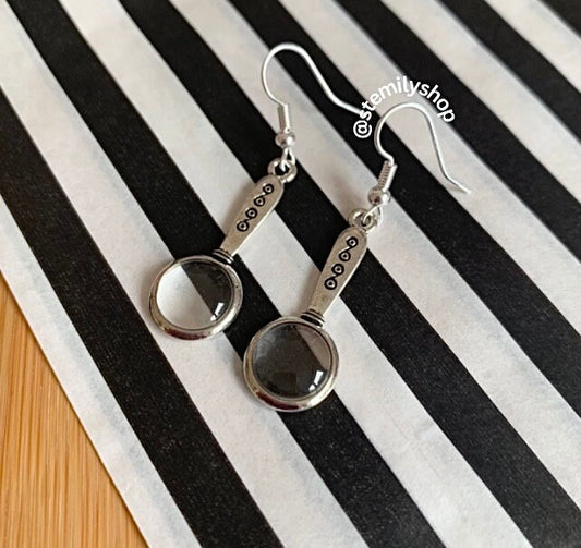 Cool quirky silver magnifying glass stem science drop dangle biology earrings on hypoallergenic surgical steel hooks
