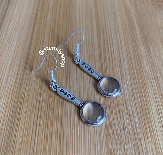 Cool quirky silver magnifying glass stem science drop dangle biology earrings on hypoallergenic surgical steel hooks