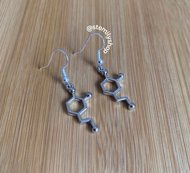 Cool quirky silver dopamine stem science drop dangle biology earrings on hypoallergenic surgical steel hooks