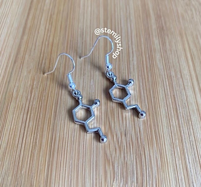 Cool quirky silver dopamine stem science drop dangle biology earrings on hypoallergenic surgical steel hooks