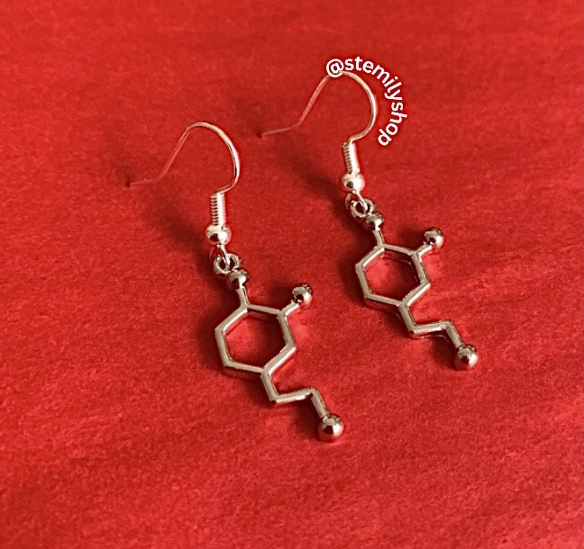 Cool quirky silver dopamine stem science drop dangle biology earrings on hypoallergenic surgical steel hooks