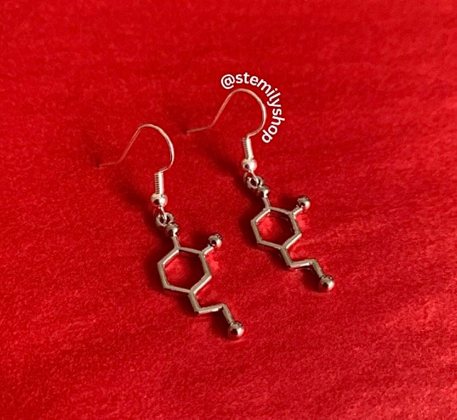 Cool quirky silver dopamine stem science drop dangle biology earrings on hypoallergenic surgical steel hooks