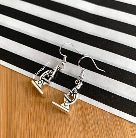 Cool quirky silver microscope science biology earrings on hypoallergenic surgical steel hooks