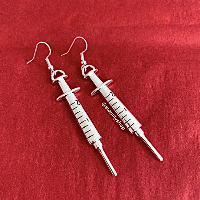 Cool quirky silver syringe science biology nurse earrings on silver plated hooks