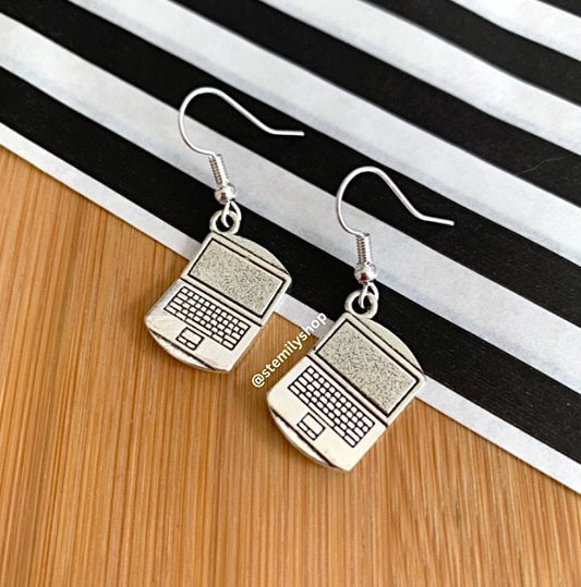Cool quirky silver laptop computer stem drop dangle earrings on hypoallergenic surgical steel hooks