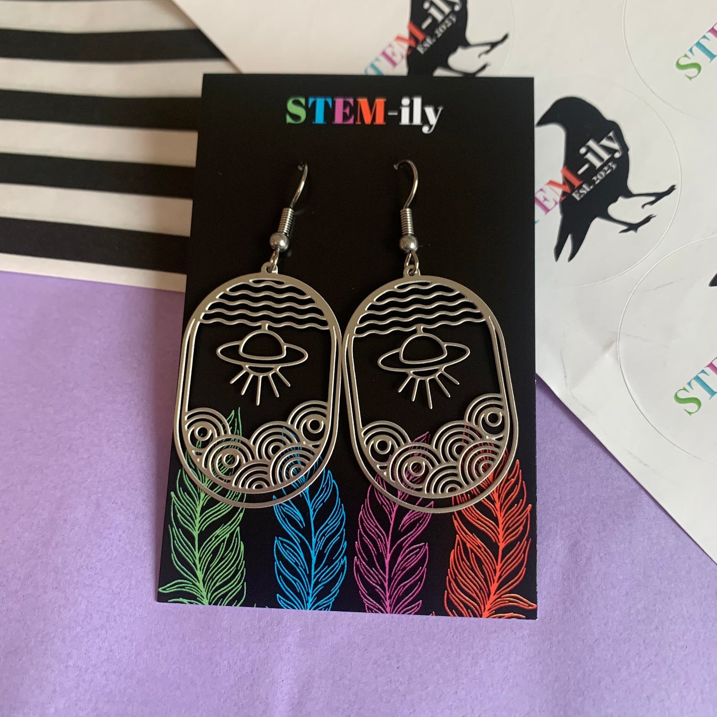 Cool silver stainless steel quirky UFO alien physics planet space stem drop dangle science teacher earrings on surgical steel