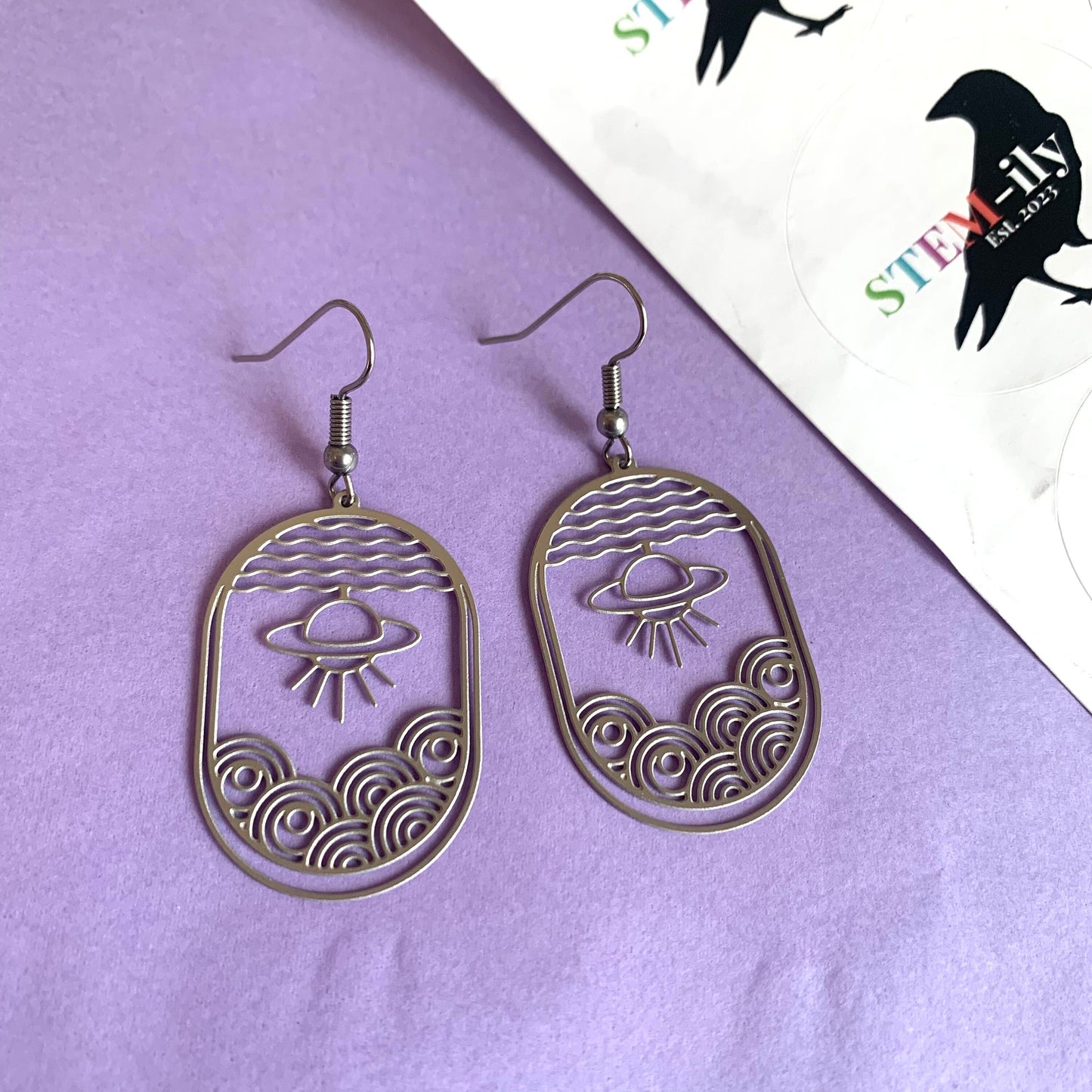 Cool silver stainless steel quirky UFO alien physics planet space stem drop dangle science teacher earrings on surgical steel