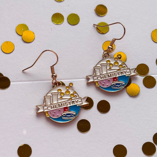 Chemistry Gold science blue science flask beaker dangle drop earrings