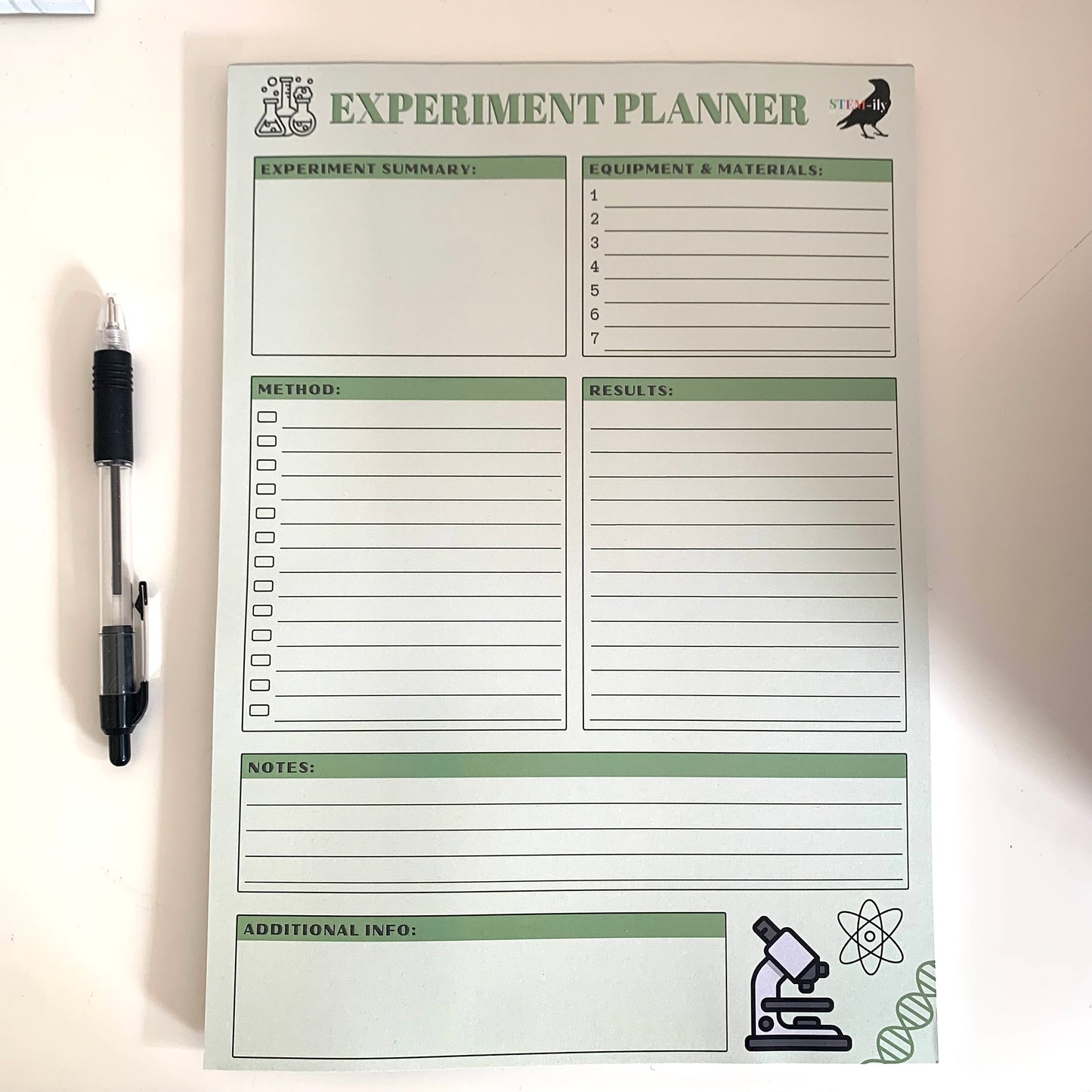 Green A4 science experiment planner notepad