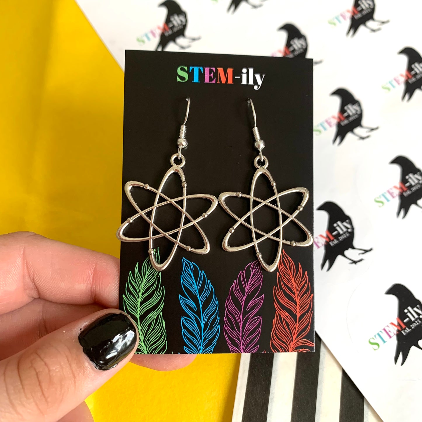 Silver atom chemistry science earrings