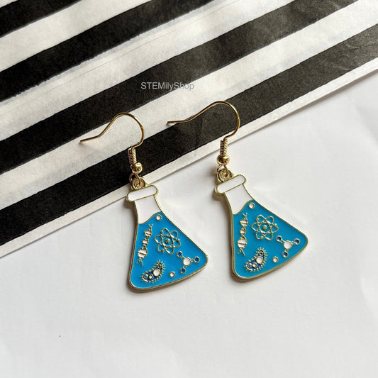 Gold science blue science flask beaker dangle drop earrings