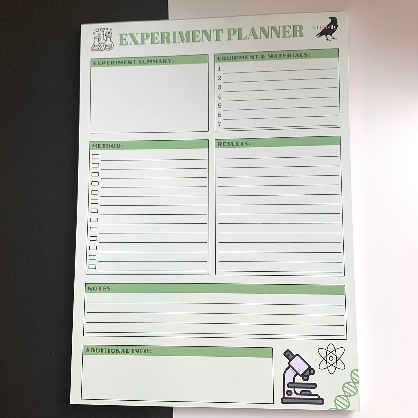 Green A4 science experiment planner notepad