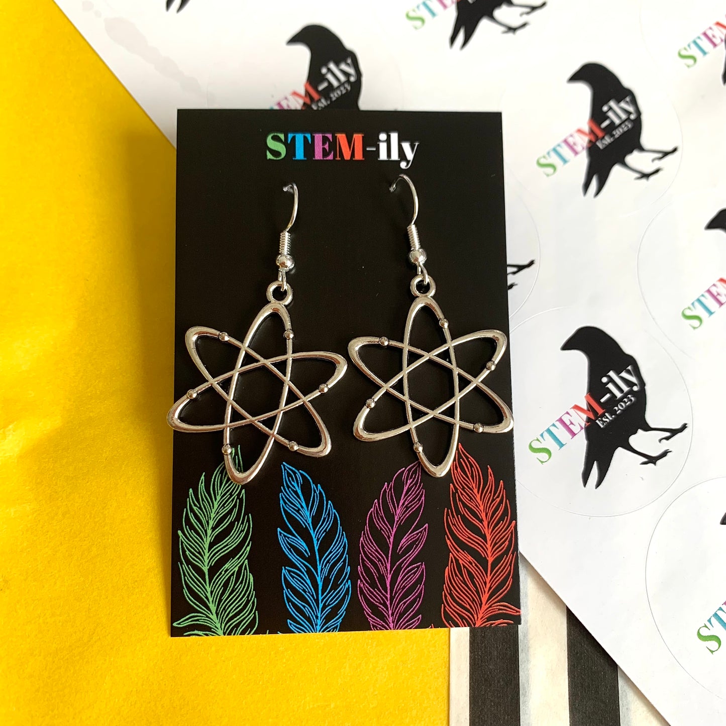 Silver atom chemistry science earrings