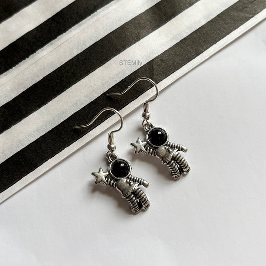 Silver spaceman astronaut drop dangle earrings