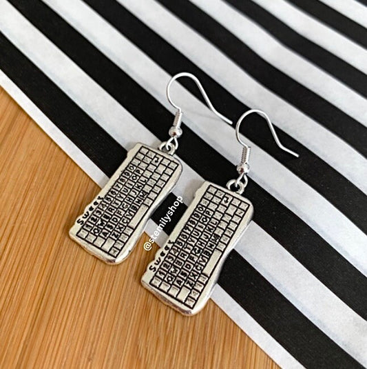Cool quirky silver laptop computer keyboard stem earrings on hypoallergenic surgical steel hooks
